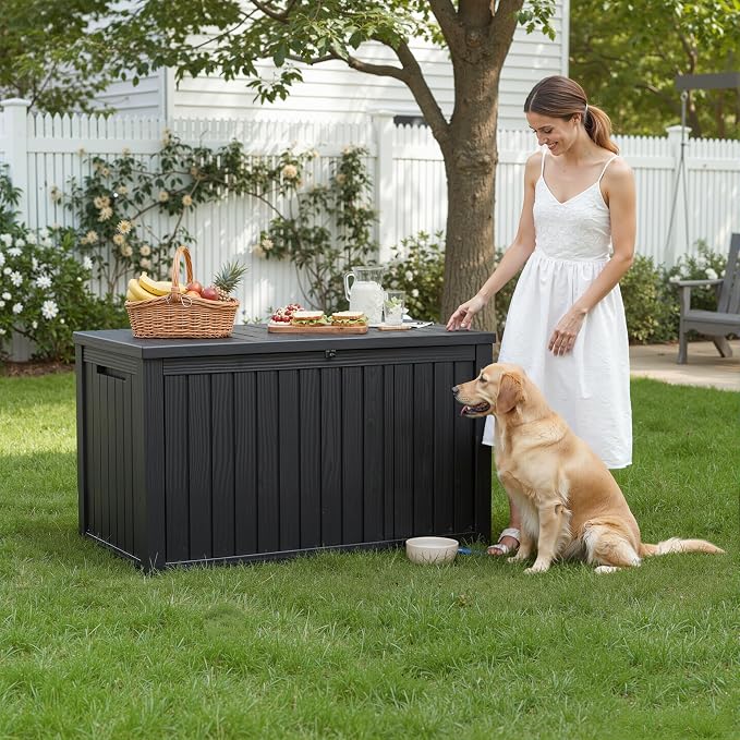 DRATO 200 Gallon Outdoor Storage Box Waterproof, Large Resin Lockable Outdoor Deck Box with Lid, Weatherproof Container for Patio Furniture Cushions, Garden Tools, Pool Accessories (Black, 200 Gallon)