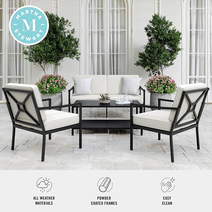 Martha Stewart Lily Pond 4-Piece All-Weather Conversation Set with Patio Loveseat, 2 Accent Chairs, and Coffee Table with Steel Frames in Black with Cream Cushions