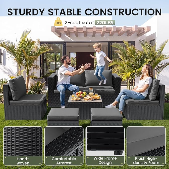 Amopatio 7 Pieces Patio Furniture Set with Fire Pit Table, All-Weather Wicker Outdoor Conversation Sofa Set with Glass Coffee Table, Cushions & Ottomans for Deck Backyard Porch Lawn Black/Dark Grey