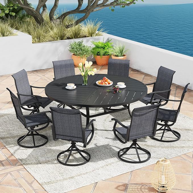 9 Pieces Patio Furniture Dining Set, 8 Textilene Swivel Dining Chairs, 60" Outdoor Round Metal Table with 1.57" Umbrella Hole, Outdoor Dining Set for Porch, Lawn, Garden, Black/Black