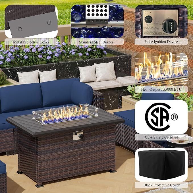 10 Pieces Outdoor Patio Furniture Set,Outdoor Sectional Furniture with 43" 55000 BTU Gas Propane Fire Pit Table,All Weather PE Rattan Wicker Patio Conversation Set,Navy Blue