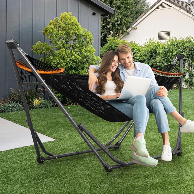 Goutime Collapsible Hammock Stand with Carry Bag, 550lbs, Portable,Black | 3 level adjustable up to 10ft, double layer hammock net, fits indoor, yard, camping, and outdoor use