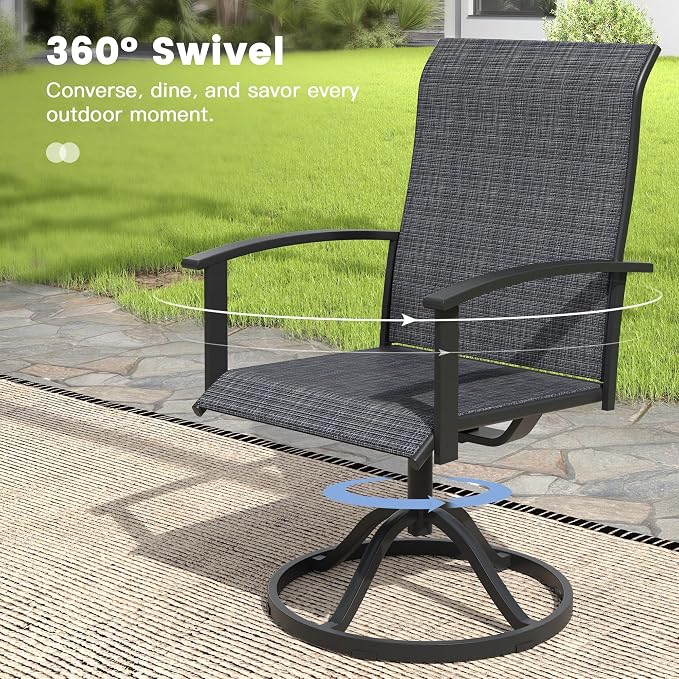 VICLLAX 7 Pieces Patio Outdoor Dining Set, 6 Swivel Textilene Chairs and 53" Round Metal Table with Umbrella Hole for Porch, Deck, Garden, Black