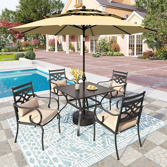 PHI VILLA 4 Piece, Outdoor Dining Set, Round Metal Table, Cushioned, Beige | 10ft 3-Layer Auto-tilt Round Umbrella, 10ft Umbrella