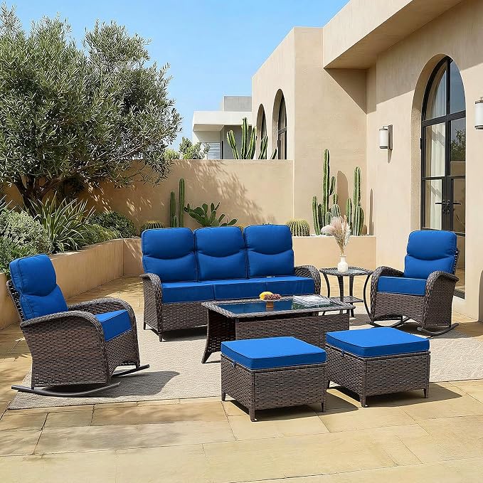 Luxury Patio Furniture Set with 6" Thick Cushions, High Back Outdoor Rocking Chairs, Ottomans and 3-seat Couch, 7 Pieces All Weather Conversation Set for Porch Deck Poolside Yard (Blue)