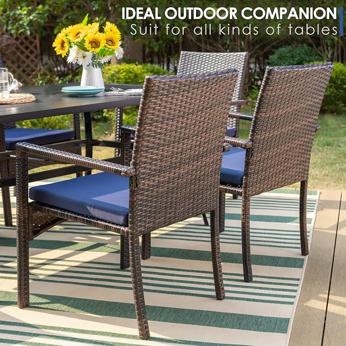 PHI VILLA Wicker Patio Dining Chairs Set of 4 with Removable Cushions | 4 Rattan dining chairs with thick removable seat cushions. Sturdy steel frame, easy assembly.