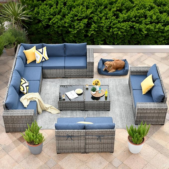 ovios 12 Pieces Patio Furniture Set, Outdoor Wicker Sectional Sofa with Coffee Table Comfy Cushions, Modern Modular Deep Seat Couch Rattan Conversation Set, Denim Blue