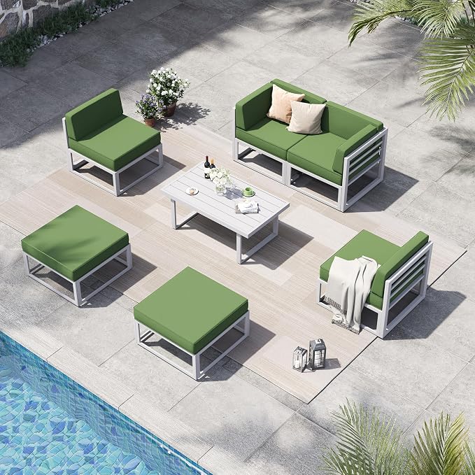 7 Piece Aluminum Patio Furniture Set with Waterproof Cover & 5" Thick Cushions, Aluminum Outdoor Sectional Conversation Set with Coffee Table Ottoman for Porch, Backyard(Light Grey/Green)