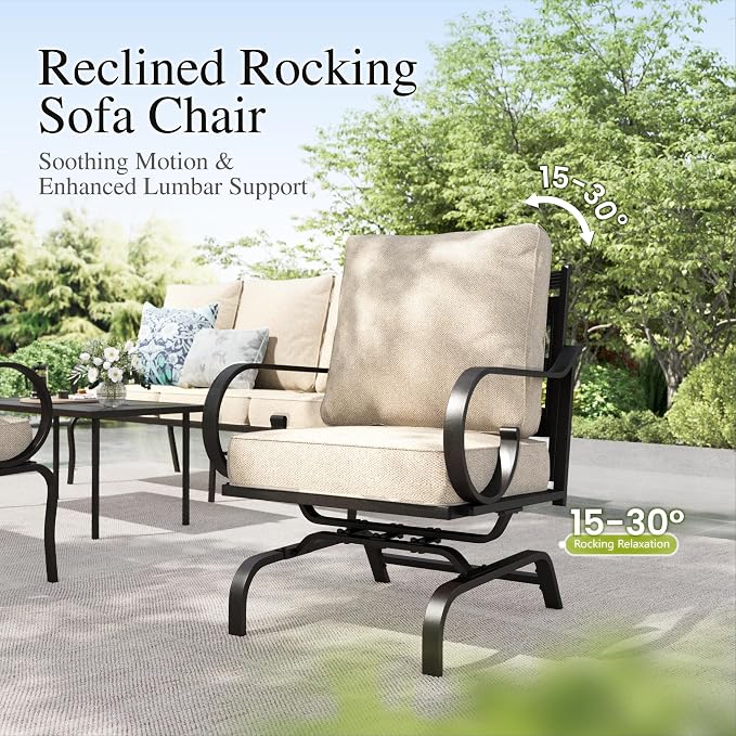 Sophia & William Patio Conversation Set for 7, 3-Seater Sofa, 2 Fixed Chairs, 2 Rocking Chairs and a Coffee Table, Metal Outdoor Furniture with 5.75" Extra Thick Cushions, Beige