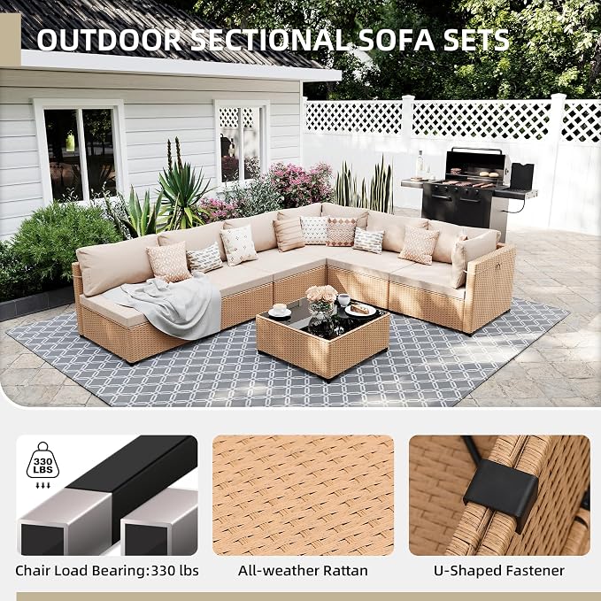 UPHA 9 Pieces Patio Furniture Sets, Wicker Outdoor Sectional Sofa Couch with Round Propane Pit for Deck Backyard Garden, Beige Rattan, Beige Cushion