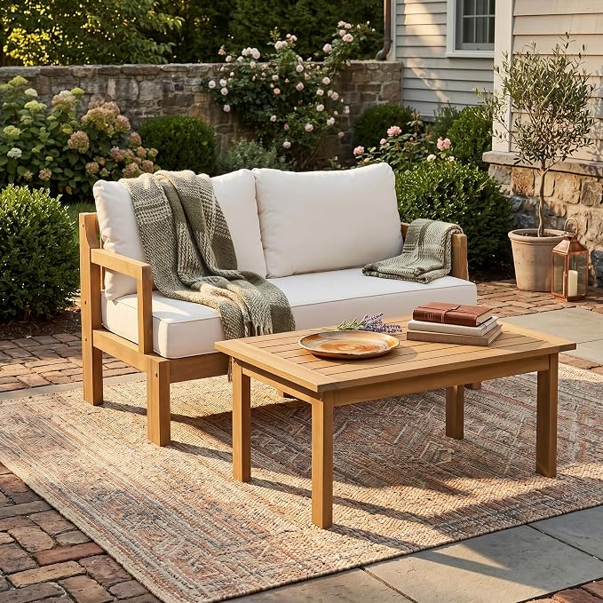 JIVOIT Outdoor 2-Piece Acacia Wood Patio Chat Set, Outdoor Conversation Set with 2 Seater Sofa and Coffee Table, Thick Cushions, Water-Repellent Fabric for Garden, Backyard, Balcony