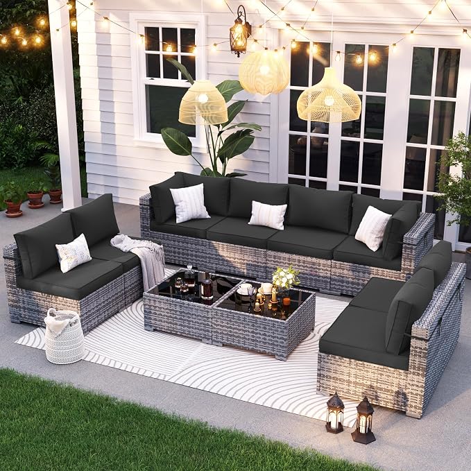 Patio Furniture Set, Modular 10-Piece Patio Conversation Sets with Coffee Table, All-Weather Wicker Outdoor Sectional for Backyard and Balcony, Black (Waterproof Covers Included)