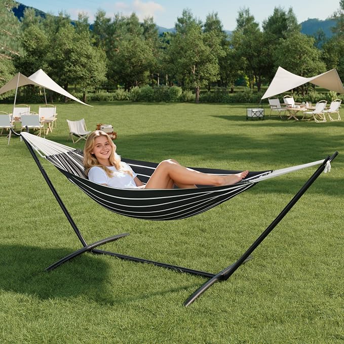 2 Person Double Hammock with Stand Foldable, 450Lbs Capacity, Double Hammocks Portable with Carrying Bag, Thick Rope, Collapsible Heavy-Duty Steel Stand for Indoor & Outdoor, Weatherproof