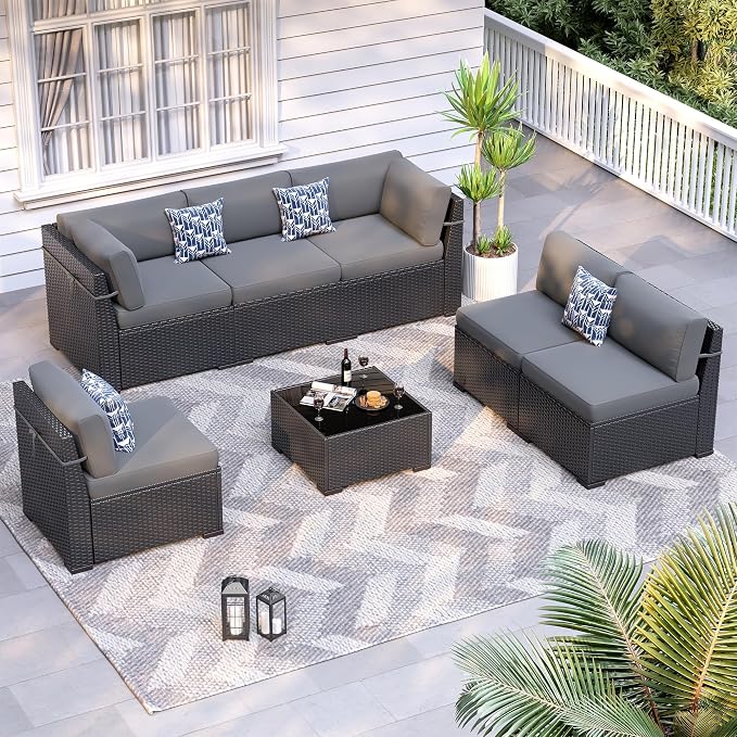 Patio Furniture Sets, 7-Piece Outdoor Patio Furniture with Thick Cushions,Coffee Table Outdoor All-Weather Conversation Set Sectional Sofa for Backyard, Poolside, Garden(Grey)