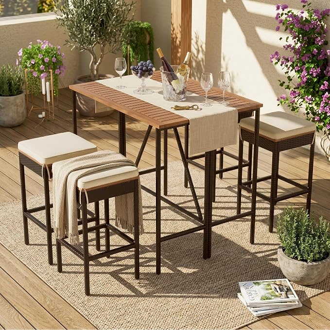 5-Piece Outdoor Patio Dining Set, Acacia Wood Bar Height Table with Foldable Tabletop and Four Stools with Cushions, High-Dining Bistro Set