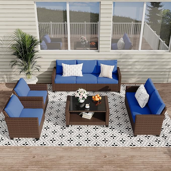 GarveeLife 5 Pieces Patio Furniture Set, 7-Seater Rattan Wicker Patio Conversation Sets with Coffee Table, Outdoor Sectional Patio Sofa Set, Brown Rattan and Blue Cushions