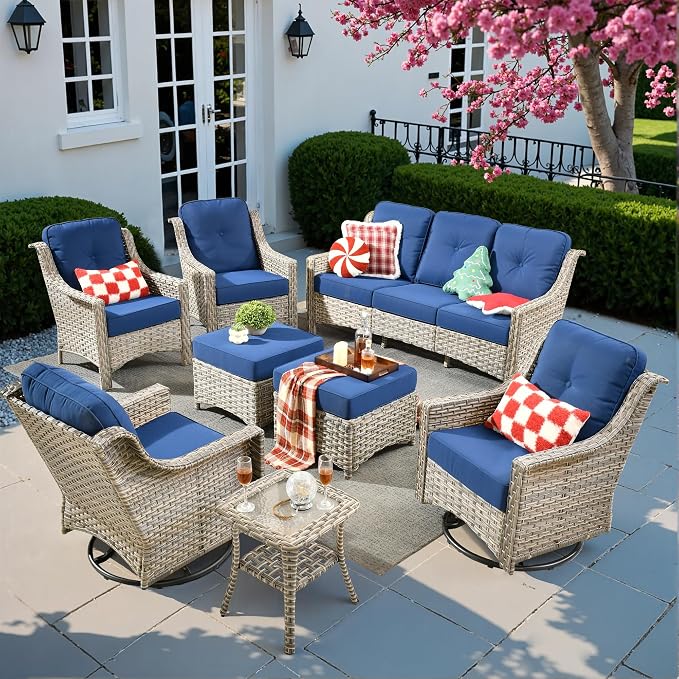8 PCS Outdoor Patio Furniture Sets,Patio Conversation Sets Outside Rattan Soft Cushion Sofa with 2 Wicker Rocking Chairs Soft Cushion Fit Backyard Porch Garden Poolside Balcony,Navy Blue