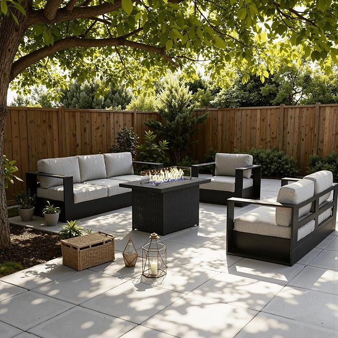 LayinSun Oversized Aluminum Outdoor Furniture Set, 4 Piece Patio Sofa Sets with Fire Pit Table, Deep Seating and Upgraded 6-inch Cushions for Porch, Balcony, Deck