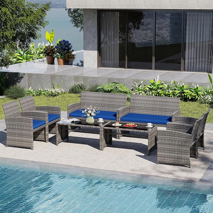 Tangkula 8 Piece Patio Wicker Furniture Set, Outdoor Heavy Duty Rattan Cushioned Chairs, Loveseat and Tempered Glass Coffee Table, for Backyard, Balcony, Poolside