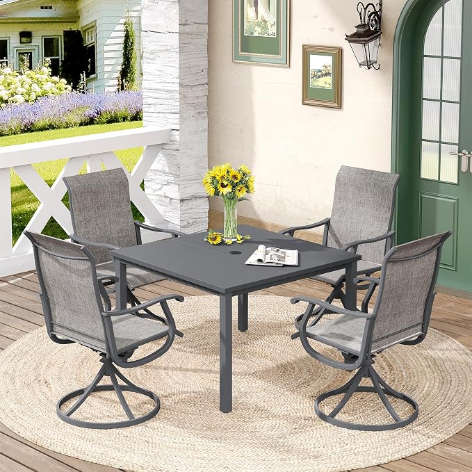 DIFY Patio Table and Chairs Set for 4, 5 Piece Outdoor Dining Set Includes 40.2" Square Metal Dining Table with Umbrella Hole and 4 Textilene Swivel Patio Chairs, for Garden Backyard Deck, Grey