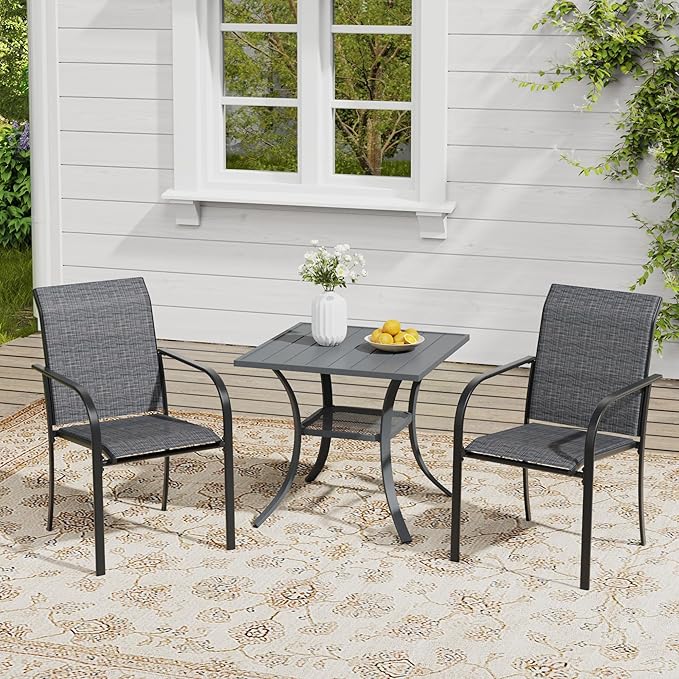 VICLLAX Outdoor Dining Set for 2, Small Patio Table and Chairs Set of Stackable Patio Sling Chairs and Square Dining Table for Front Porch, Dark Grey Fabric and Grey Table