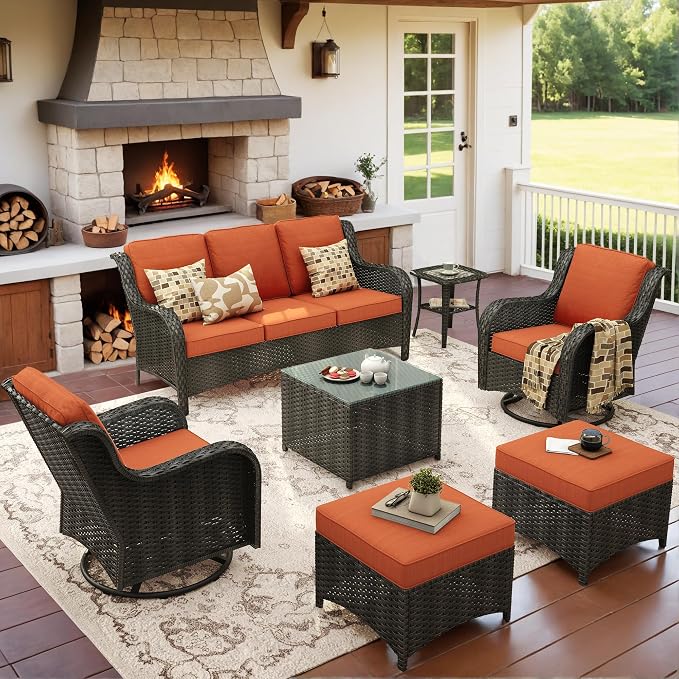 ovios 7 Pieces Patio Furniture Set with Swivel Rocking Chairs, Outdoor Wicker Sofa Couch Glass Coffee Table, All Weather High Back Modern Conversation Set, Brown Rattan, Orange Red