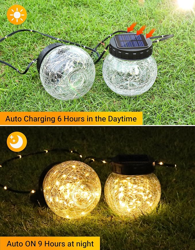 Solar Lanterns Solar Lights Outdoor Waterproof 18-Pack, Solar Powered Hanging Lights Cracked Glass Hanging Globes for Christmas Decoration, Shepherd Hook, Garden Tree Ornaments