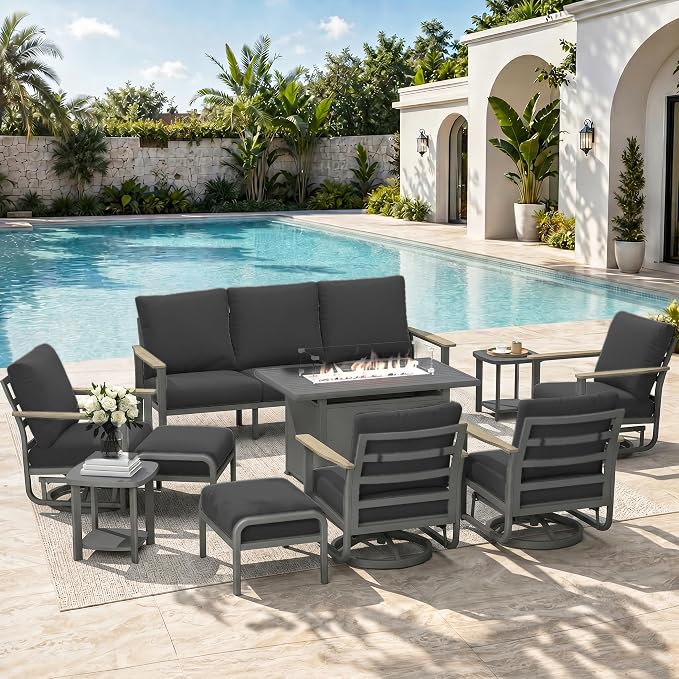 Aluminum Outdoor Patio Furniture Set, 10-Piece Sectional Sofa with 5.1" Thick Cushions, 4 Swivel Rocking Chairs, 55,000 BTU Propane Fire Pit Table, Outdoor Couch for Backyard, Deck, Black