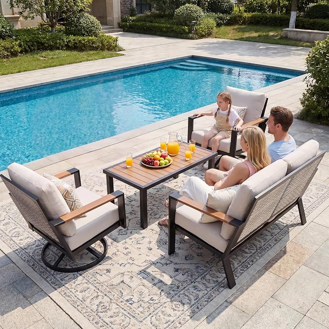 Natural Expression Patio Furniture Set, 4 Piece Metal Outdoor Conversation Set with 2 Swivel Rocker, 1 Loveseat, Handwoven Wicker Back & Fauxwood Tabletop, 3" Wide Arm with 6" Cushion for Porch, Yard