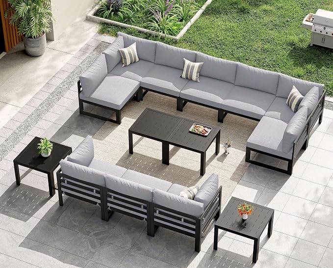 NICESOUL 14 Piece Modern Aluminum Outdoor Patio Furniture Set with Coffee Table, Extra Large L Shaped Modular Sectional Couch, 29" Wide Deep Seating Conversation Sofa for Terrace Exterior, Light Gray