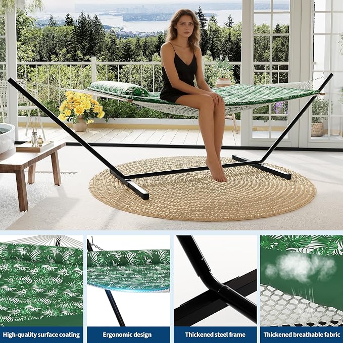 2 Person Portable Double Hammock for Outdoor with Pillow, Heavy Duty Portable Hammock with Adjustable Steel Stand for Patio, Garden, Beach, Backyard
