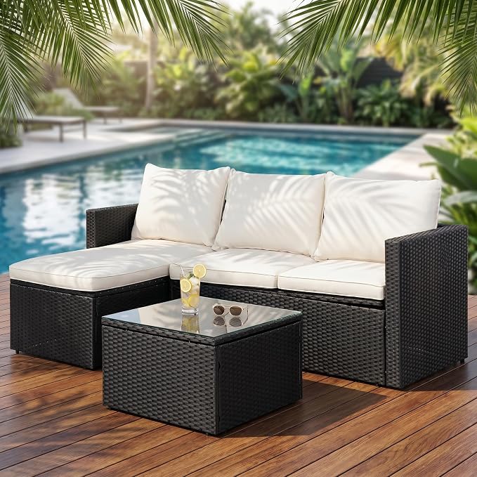 SUNLEI 3 Piece Patio Furniture Set, Outdoor PE Rattan Sectional Sofa Set with Ottoman, Detachable Cushions and Glass Coffee Table, Patio Conversation Set for Backyard Balcony Porch, Black/White