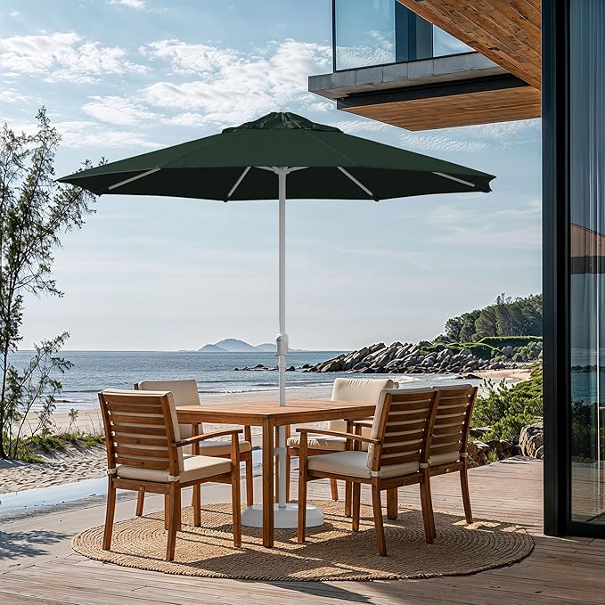 California Umbrella 10-Year Protection 9 Ft Outdoor Patio Umbrella, Pacifica Fade-Resistant Fabric, Auto-Tilt, Heavy Duty Aluminum Frame, 8 Reinforced Ribs for Pool or Deck, White Pole, Hunter Green