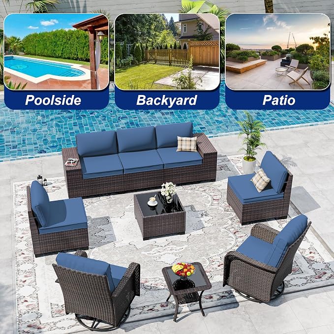 9 Pieces Patio Furniture Set with 2 Swivel Chairs Patio Furniture Outdoor Sectional Sofas Outdoor Patio Conversation Set - Blue