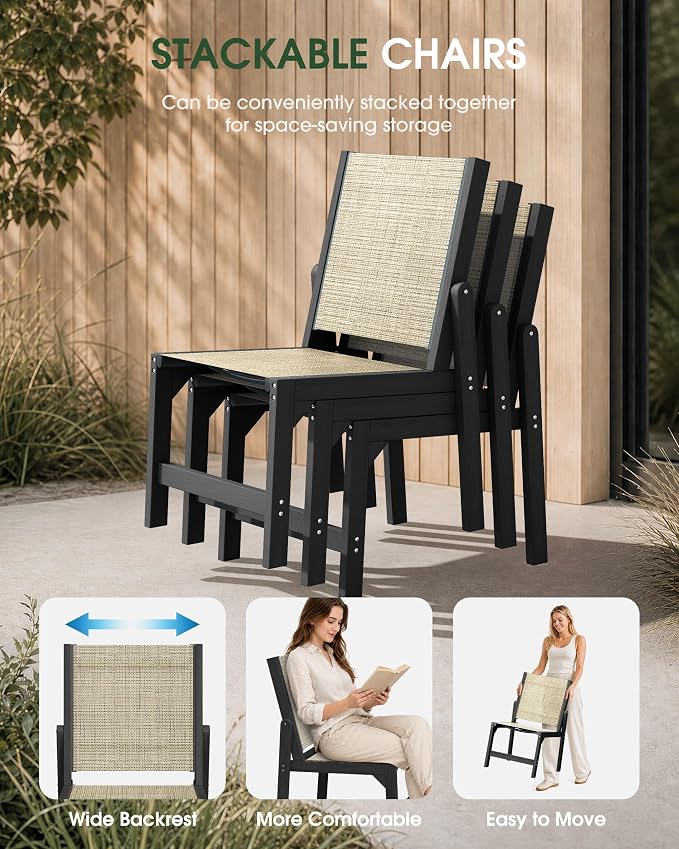 Patio Stackable Chair, HDPE Armless Outdoor Dining Chairs with Wide Seat, All-Weather Textilene Oversized Porch Chair for Garden, Poolside, Backyard, Deck | Black