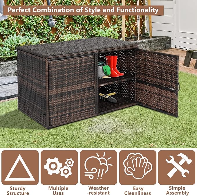 Simply-ME 104 Gal Outdoor Deck Storage Box,PE Rattan Large Storage Deck Box Bench for Indoor/Outdoor Garden Pool Patio Storage,Double Door