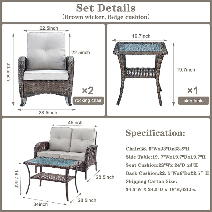 Belord Patio Wicker Furniture with Rocking Chairs Loveseat, 5 Piece Rattan Furniture Outdoor Table and Rocking Chairs Set for Patio Deck Porch Backyard Brwon/Beige