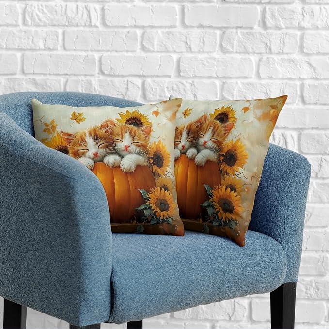 Fall Pillow Covers 24x24 Set of 2 Lovely Cat Pumpkin Sunflower Throw Pillow Covers Autumn Harvest Farmhouse Pillowcase Double Sided Printing Cushion Case for Patio Outdoor Sofa
