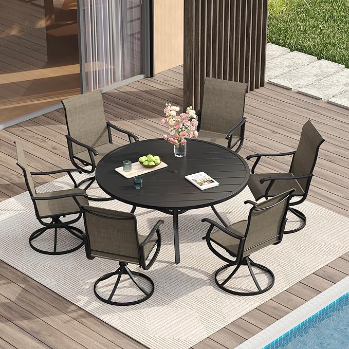 VICLLAX Patio Dining Set for 6, 7 Pieces Outdoor Furniture Includes 47.2" Round Patio Table with Umbrella Hole and 6 Outdoor Swivel Chairs for Lawn Garden, Black Tabletop and Mixed Brown Fabric