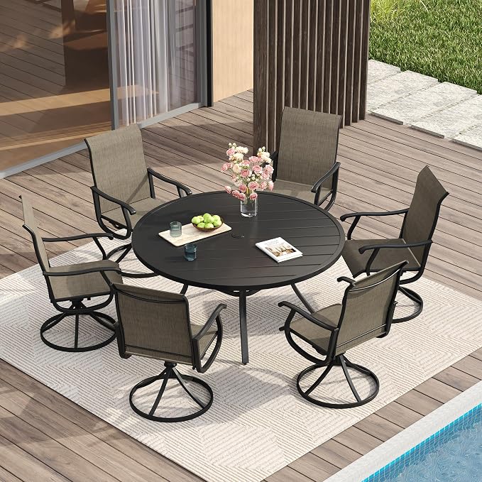 VICLLAX Patio Dining Set for 6, 7 Pieces Outdoor Furniture Includes 53" Round Patio Table with Umbrella Hole and 6 Outdoor Swivel Chairs for Lawn Garden, Black Tabletop and Mixed Brown Fabric
