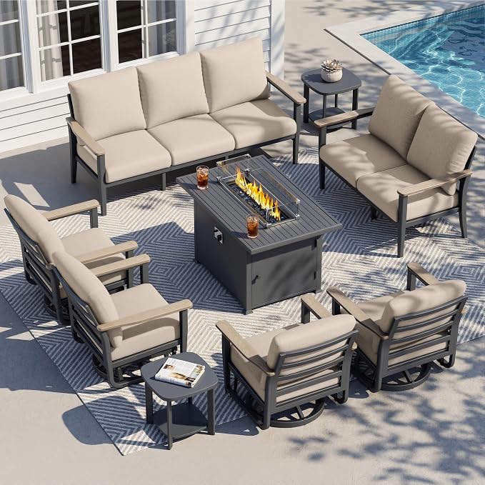 Aluminum Outdoor Patio Furniture Set with Swivel Rocking Chairs 9-Seat, Patio Sectional Sofa Patio Conversation Set with 55,000 BTU Fire Pit Table High Backrest & Thickened Cushions, Sand