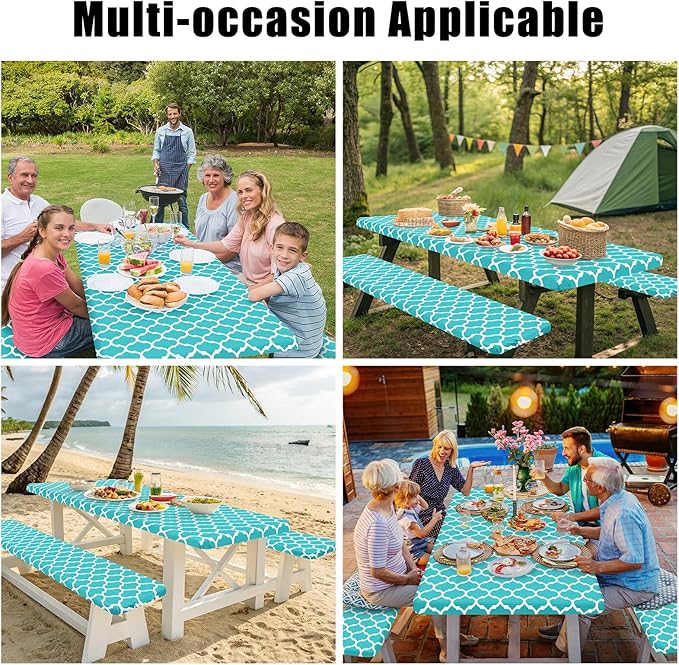 Smiry Picnic Table Cover with Bench Covers, Waterproof Elastic Fitted Tablecloth for 8 Foot Tables, Washable Polyester Tablecloths for Camping, Indoor & Outdoor (Teal, 30x96 Inch 3-pc Set)