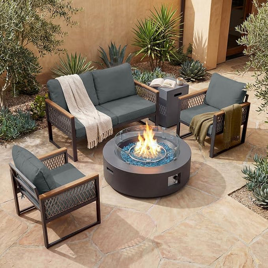 UPHA 6 Pieces Patio Furniture Set with 42" Propane Gas Fire Pit Table, Metal Outdoor Sectional Couch Set with Loveseat Sofa, Modern Patio Conversation Set for Porch Balcony Deck, 4 Seats, Gray