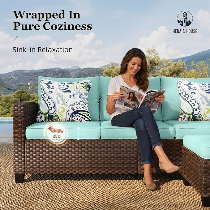 HERA'S HOUSE Patio Furniture Set with Swivel Glide Chairs, 5 Pieces Outdoor Conversation Sofa Sets, Deep Seating Brown Wicker Rattan Furniture Set for Lawn Deck Backyard, Blue