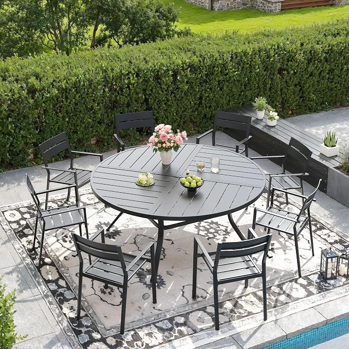 DIFY 9 Piece Outdoor Patio Dining Set for 8, 53.1" Round Dining Table with Umbrella Hole and Stackable Metal Chairs, Patio Table and Chairs Set for Backyard Garden Poolside, Black