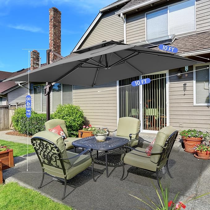 10x10 FT Cantilever Patio Umbrella with Base Included Double Top Outdoor Square Large Heavy Duty Aluminum Offset Umbrellas with 7 Level Tilt 360-degree Rotation for Pool Garden Deck,Grey