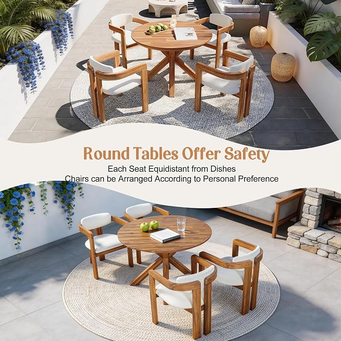 Outdoor Patio Furniture Set of 5, Acacia Wood Round Dining Set with 4 Barrel Chairs & Non-Removable Cushion, 5-Piece Patio Furniture for Backyard Deck Poolside, Natural + Beige