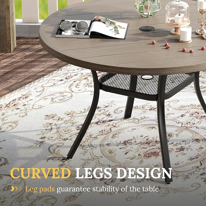 VICLLAX Patio Dining Set for 6, 7 Pieces Outdoor Furniture Includes 47.2" Round Patio Table with Umbrella Hole and 6 Outdoor Swivel Chairs for Lawn Garden, Grey Wood Grain Tabletop and Grey Fabric