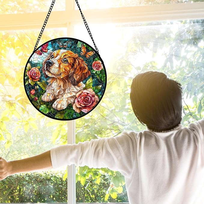 DASTOLL Stained Glass Window Hanging, Dog and Rose Suncatcher for Doors Home Butterfly Sun Catchers Decoration and Christmas, Mother's Day Birthday Gifts for Women, Men, and Mom 11.8x11.8 in