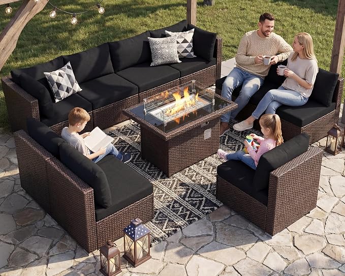 BULEXYARD 11 Piece High Back Wicker Patio Furniture Sets with Fire Pit, Luxury Extra Large Outdoor Seating Set, Comfortable Extra Wide Deep 10-Seater Sectional Couch Sofa for Outside, Brown & Black